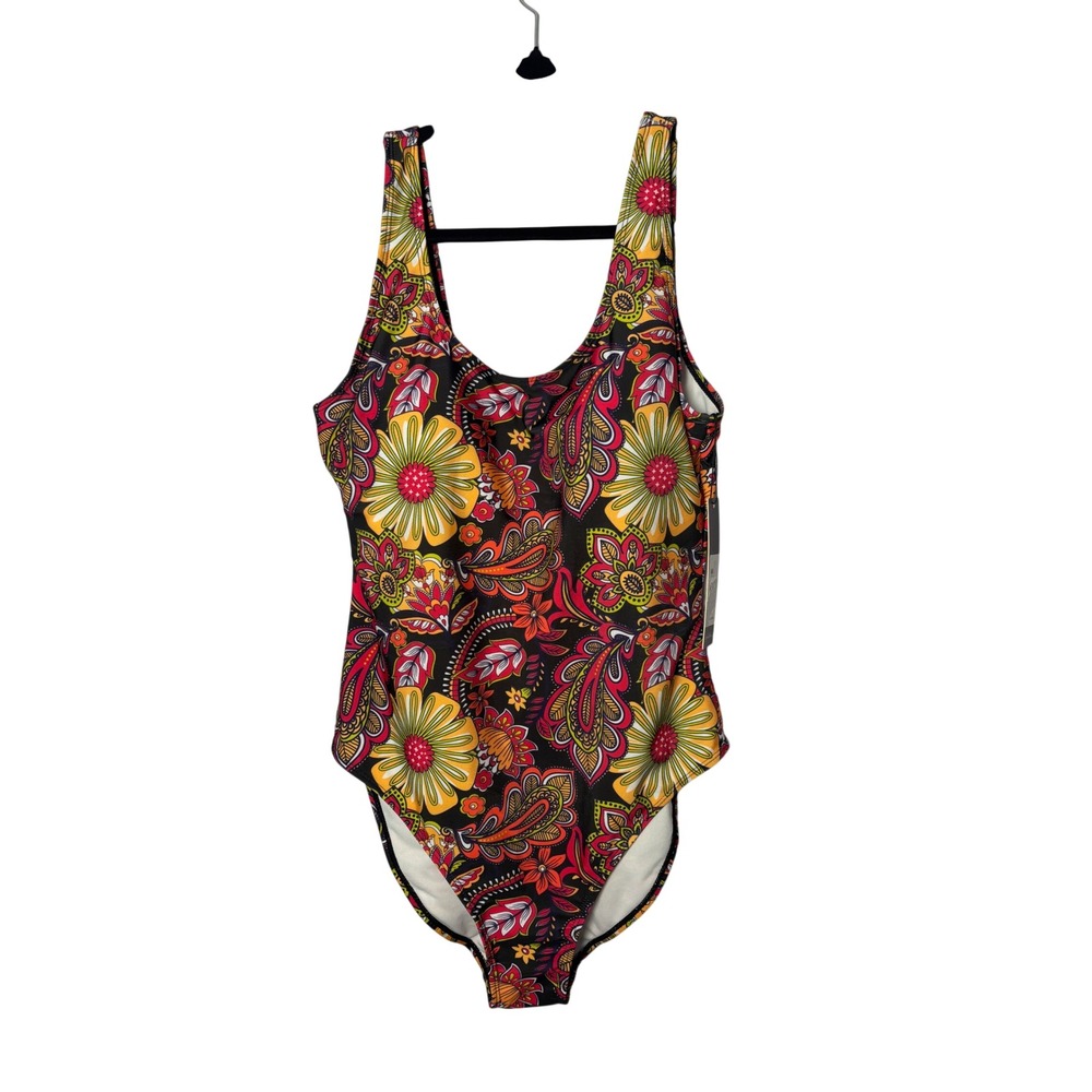 Nicole Miller One Piece Swimsuit XL Black Floral Paisley Boho Retro Padded NEW